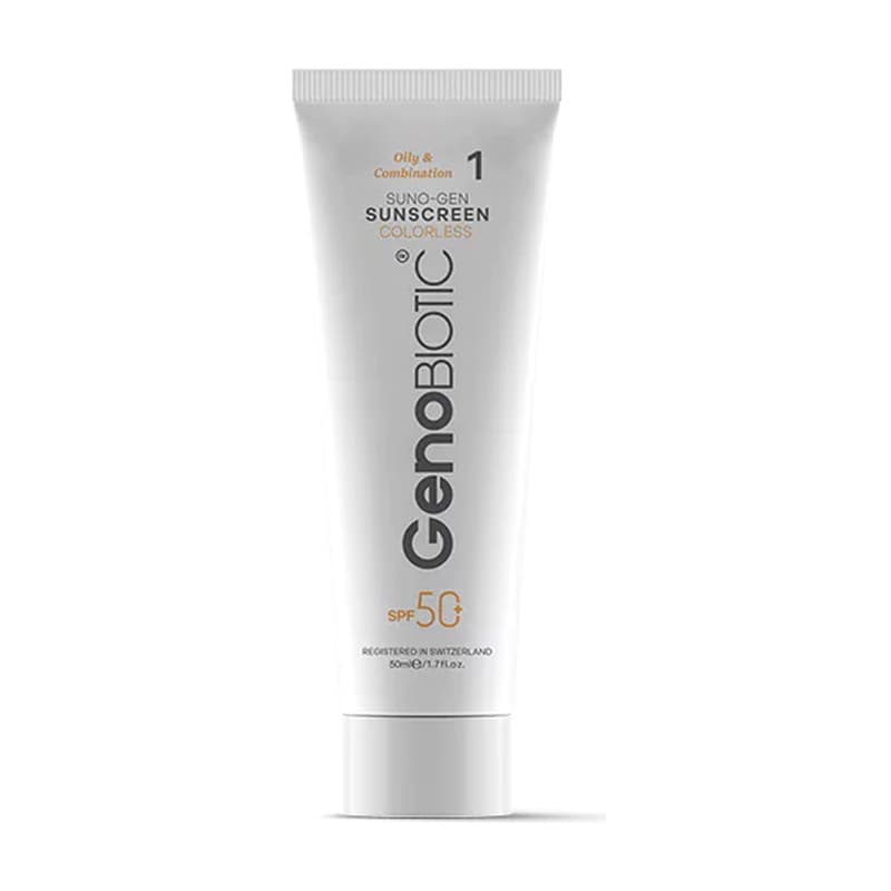کرم ضد آفتاب بی رنگ ژنوبایوتیک مدل Sunogen پوست چرب و مختلط SPF 50