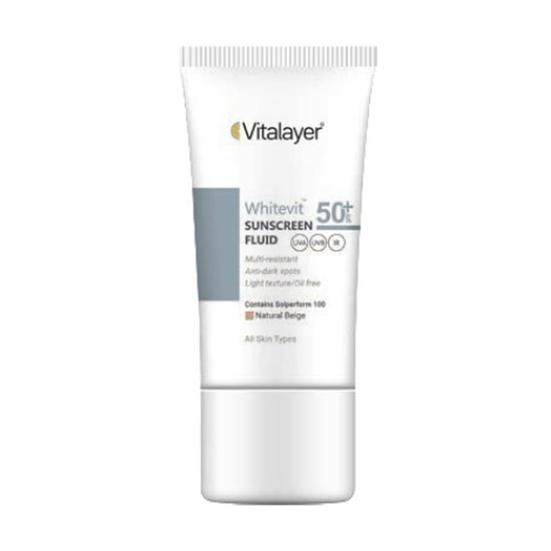 فلوئید ضد آفتاب ویتالیر مدل وایت ویت رنگ بژ طبیعی پوست تیره و لک دار SPF50